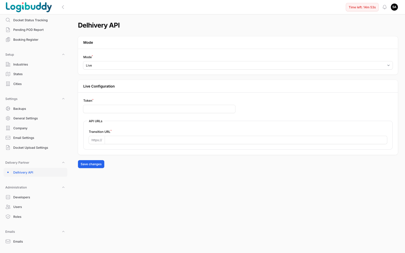 Delhivery API settings with live/test mode and token configuration